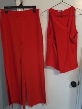 Zara Red Layered Slit Wide-Leg Pants with Draped Sleeveless Top Sz L